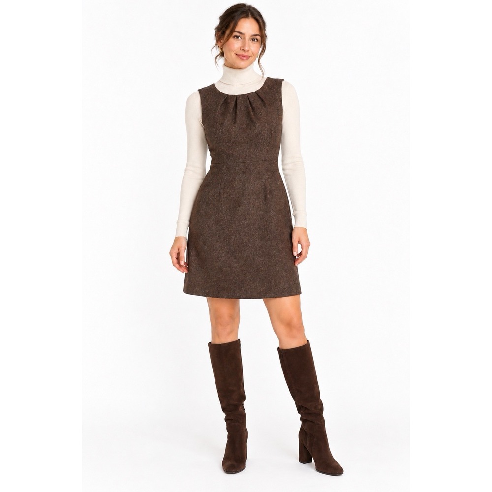 Banana Republic brown tweed wool blend Sheath Dress 4 pleated neckline lined